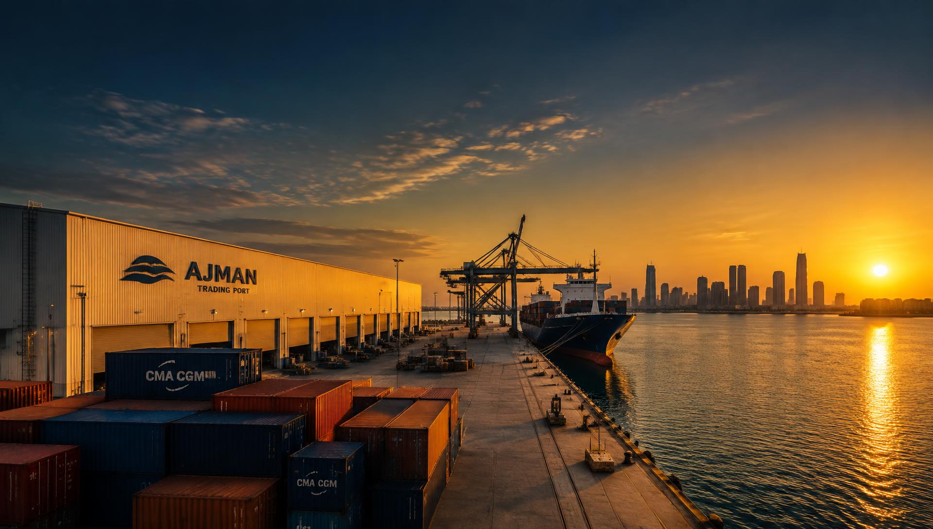Trading port in UAE at sunset